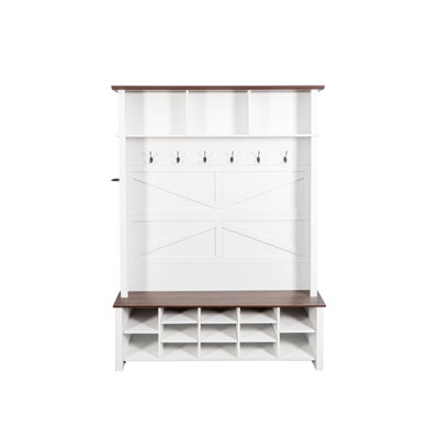 Farmhouse 4-In-1 Hall Tree With 6 Hooks, Practical Walnut Entryway Bench With Adjustable Shelves,  Wooden Style Rustic Shoe Organizer With 16 Open Compartments For Mudroom, Living Room, White