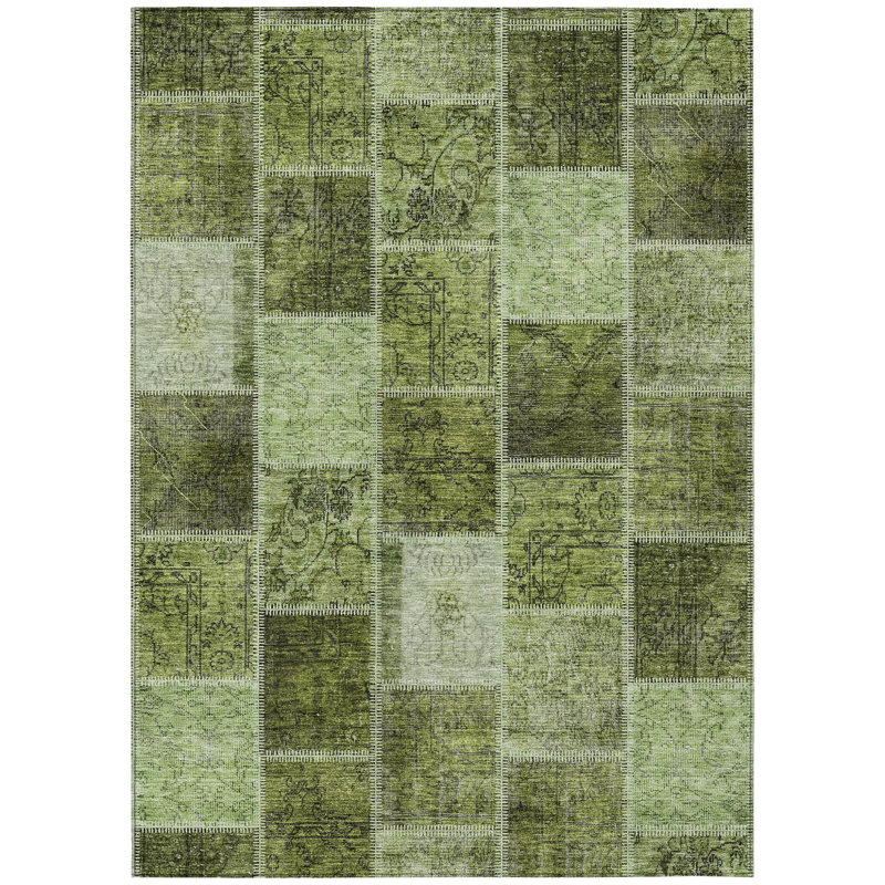 HomeRoots 3' X 5' Olive Green And Artichoke Green Patchwork Washable Indoor Outdoor Area Rug