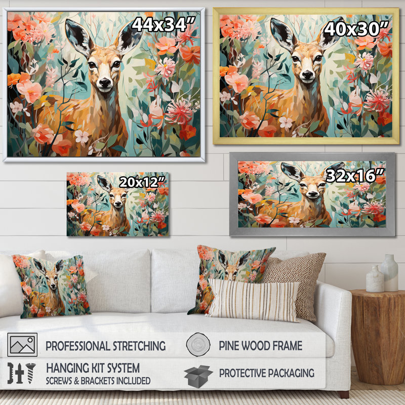 Fleurs de cerf roses et vertes - Art mural animal cerf, Cadre de coin fermé argenté, H 12 po x l 20 po x P 1 po