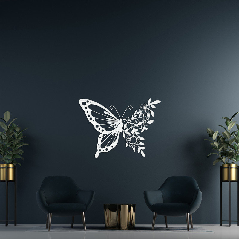 Art mural en forme de papillon avec fleurs - ACM, Noir, H 33,7 po x l 46 po x P 0,25 po