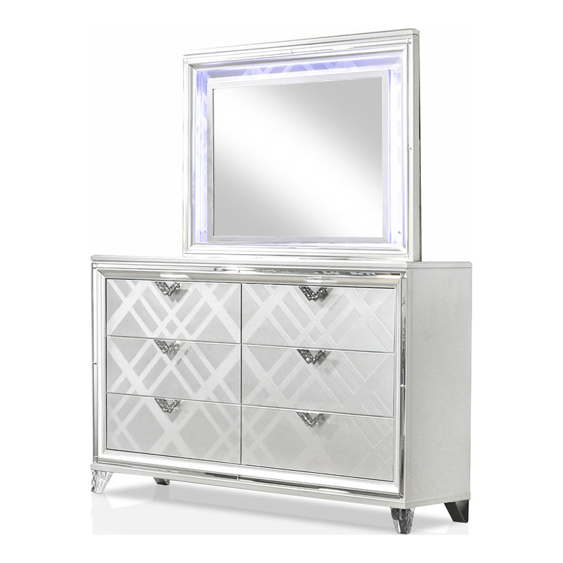 Commode double 6 tiroirs avec miroir Waldrup, Blanc