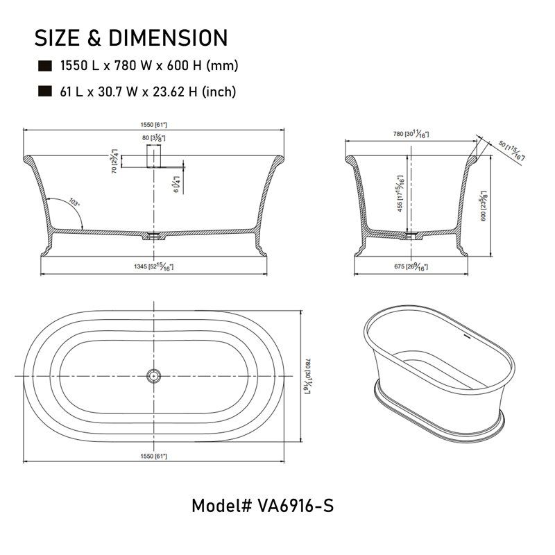 61" x 30" Freestanding Soaking Solid Surface Bathtub