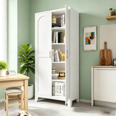 Armoire de rangement 71 po à 2 portes galbées, armoire de rangement en métal avec portes et tablettes réglables, pour chambre à coucher, salon, cuisine (blanc)