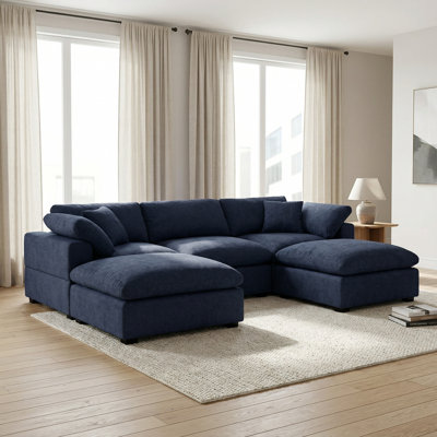 Modular Plush Chenille Extra Soft Deep Cloud Sectional U-shaped Sofa With Ottoman & Armrest Pillows