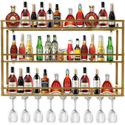 47 Inch Metal Wine Rack Wall Mounted, Bar Shelves For Liquor Bottles With LED Light, 3 Tier Large Capacity Liquor Rack Wall Mounted With Glass Holder For Home Bar & Dining Room, Gold