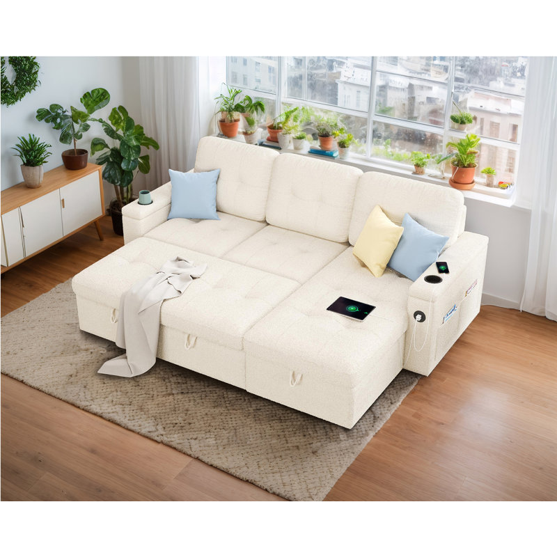 Canapé-lit de 84 pouces avec méridienne coulissante avec rangement, canapé-lit capitonné en forme de L, 2 ports USB et porte-gobelets