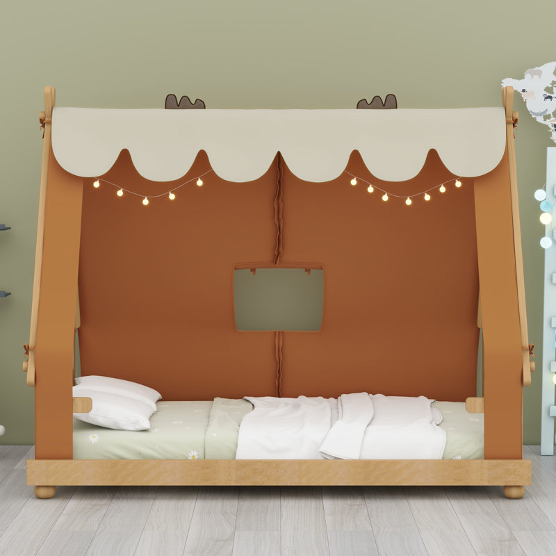 Lit maison avec tente et lumière, Lit simple, Brun