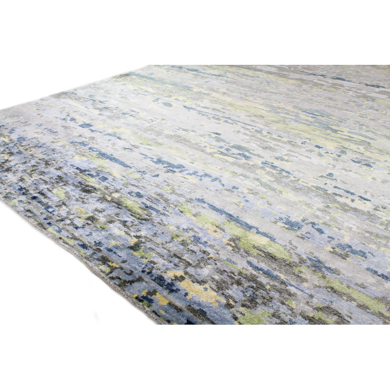 Gray and Blue Hand-knotted Viscose Abstract 9' x 12' Rug