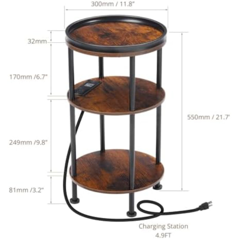 Petite table d'appoint ronde avec station de charge pour petits espaces, brun rustique | Table d'appoint ronde à 3 niveaux avec ports USB et prises de courant, table de bout pour canapé, table de bout pour la table de chevet du salon