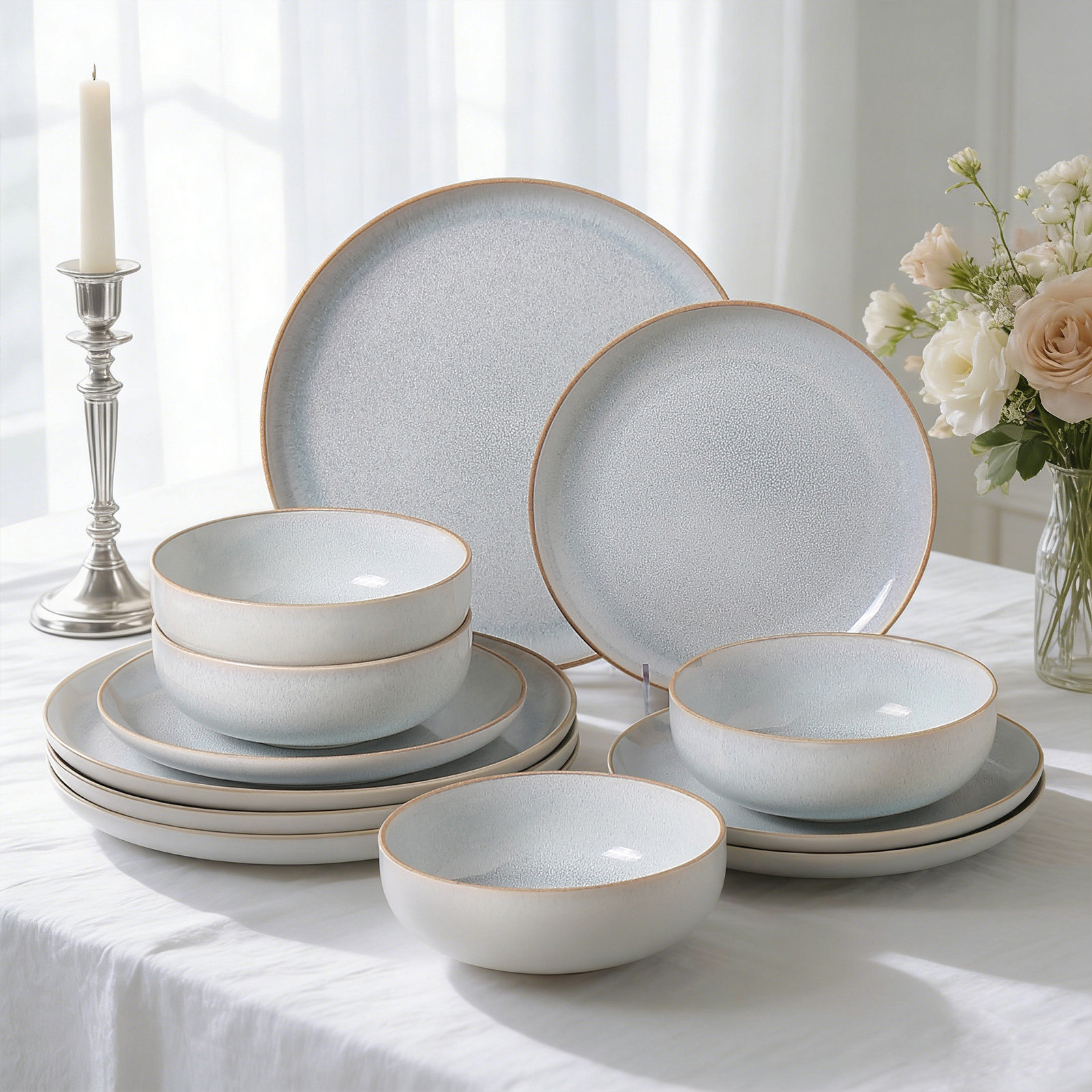 Louella 12 Piece Stoneware Dinnerware Sets ,service For 4, Blue