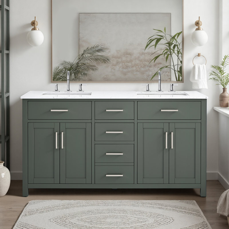 Tremolo 60" Double Bathroom Vanity With Engineered Marble Top, Vintage Green / Polished Nickel