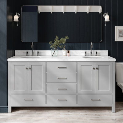 Cambridge 72'' Solid Wood Double Bathroom Vanity in Grey, with 1.5'' Carrara White Quartz Top, Center, Oval Sink