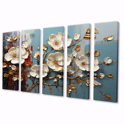 Fleurs blanches et bleues, coquelicots, arbre III - abstrait floral, art mural 5 pièces