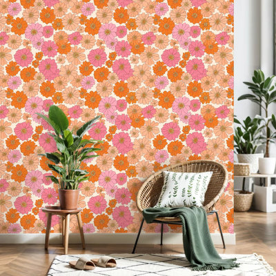 Papier peint auto-adhésif rétro, rétro, années 70, 60, rose, orange, pour papier contact, décoration murale auto-adhésive amovible pour armoires de cuisine de chambre à coucher, 24 po x 118 po