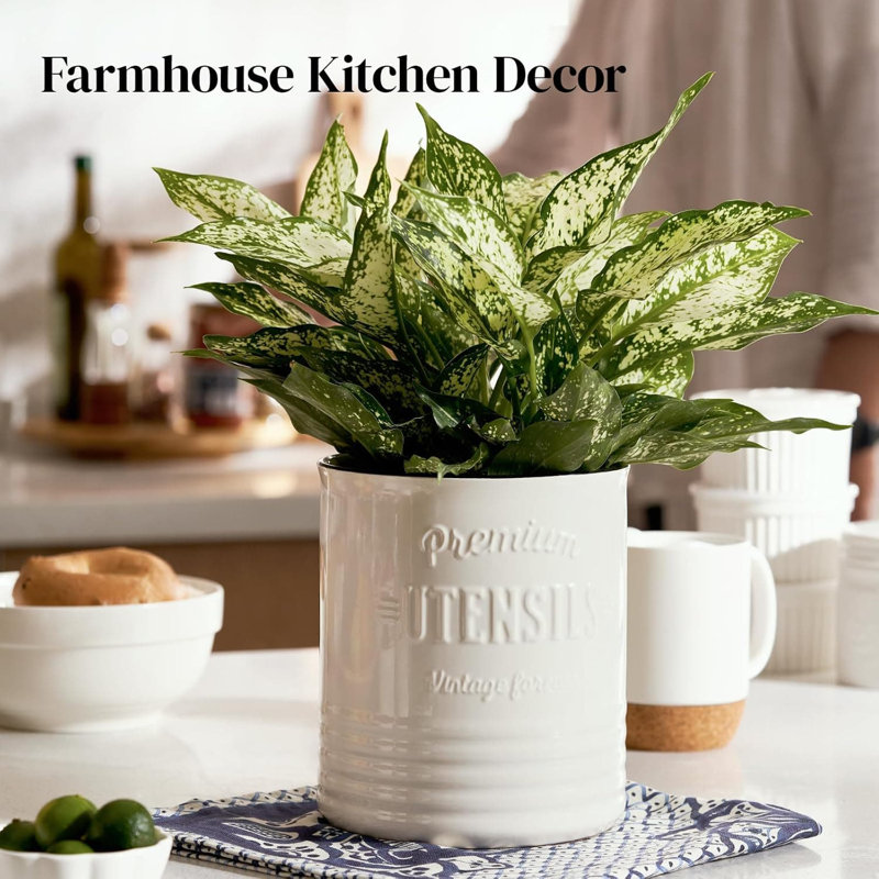 7.2″ Extra Large Ceramic Utensil Holder (White, Cork Mat)