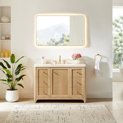 Milner 48" Single Bathroom Vanity in Brushed Oak with Grain White Engineered Stone Countertop without Mirror