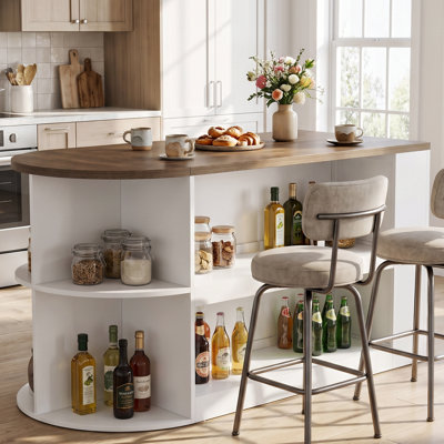 63" Oval Kitchen Island with Storage, Two-Tone Bar Table with Open Shelves & Arch Design, Space-Saving Prep Table, White & Brown Wood Grain