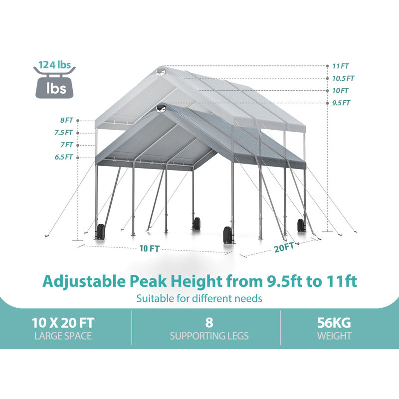 Heavy Duty Carport Canopy - Extra Large Portable Car Tent Garage With Adjustable Peak Height From 9.5Ft To 11Ft,Removable Roof &Side Walls For Car