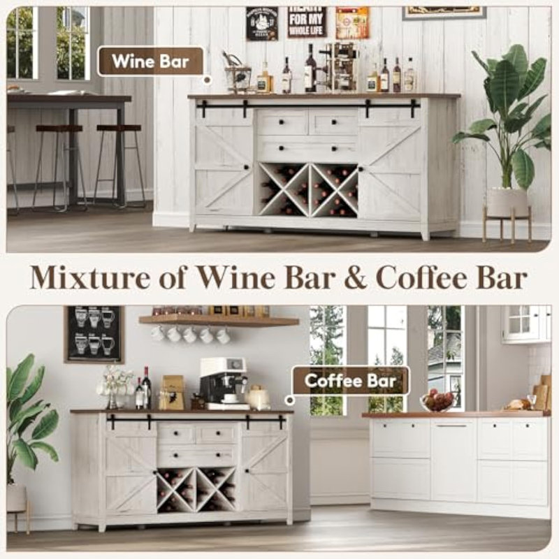 Farmhouse Sideboard With Sliding Bar Door And 2 Power Outlets/2 Usb Ports, Buffet Cabinet, Wine Racks, 3 Extra Drawers And 2 Storage Cabinets With Adjustable Shelf For Dining, Rustic White