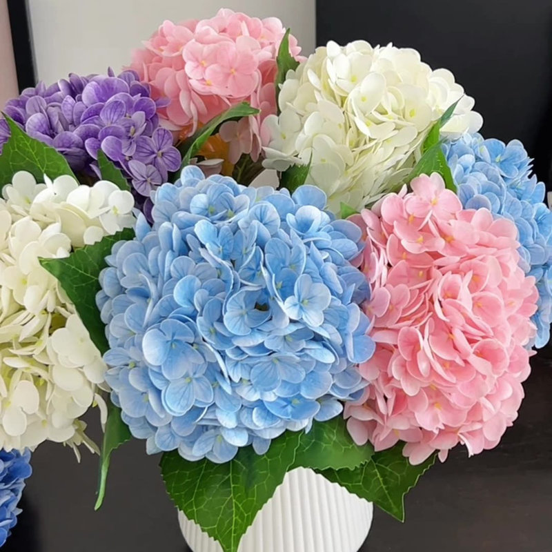 Fleurs d'hortensia artificielles pour la décoration intérieure - 3 pièces de 20 fleurs artificielles résistantes aux rayons UV avec feuilles réalistes, fleurs de 8,6 pouces, centres de mariage et de fête