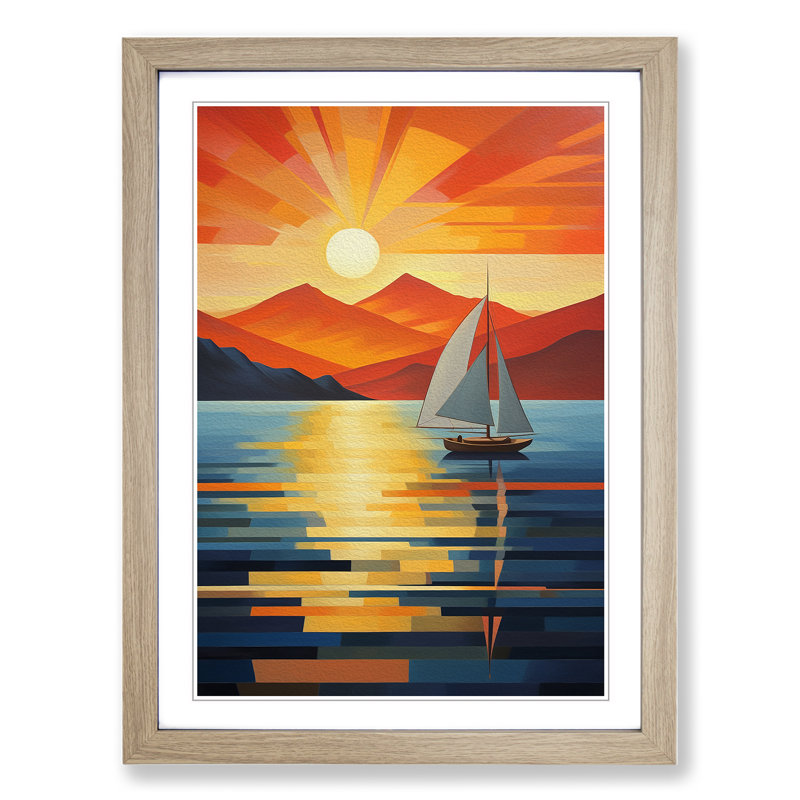 Seascape Art Deco - Single Picture Frame Print on Wood, Oak, 46cm H x 34cm W x 2cm D