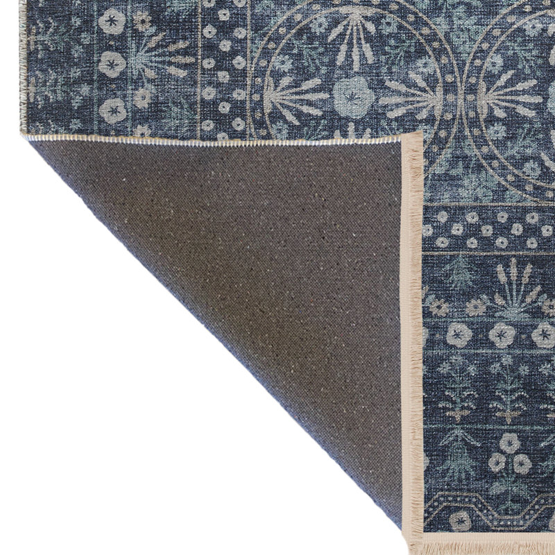 Tapis décoratif bleu marine à motif floral frangé à motif floral, Rectangle 4 pi 7,12 po x 6 pi 6,74 po