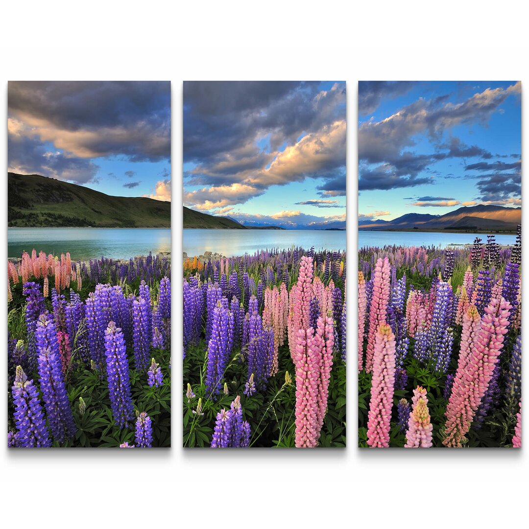 3-tlg. Leinwandbilder-Set Lupinen am Ufer des Lake Tekapo - Neuseeland