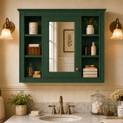 Armoire de rangement murale 35 po x 28 po en MDF avec miroir et 6 tablettes ouvertes