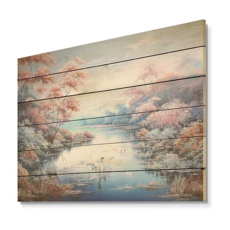 Lakes Rivers Charm Liquid Art Landscape I - Lake River Wood Wall Art On Natural Pine Wood, 10" H x 20" W