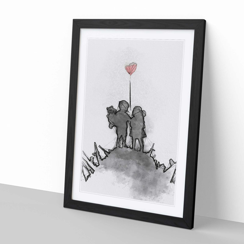 Boy & Girl with Red Balloon in Abstract - Picture Frame Painting Print on MDF, 36cm H x 27cm W x 2cm D, Black Framed