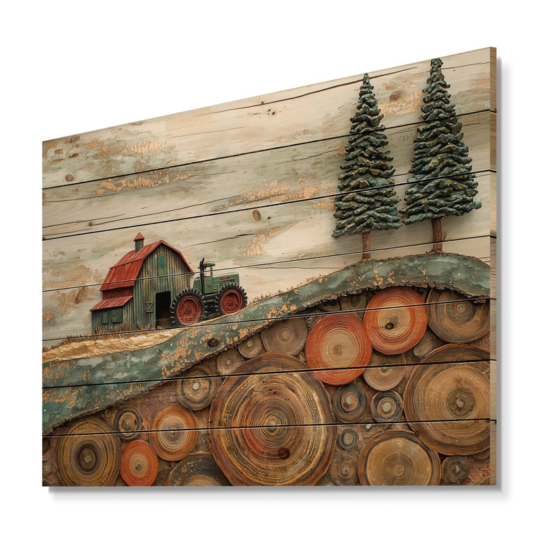 Paysage de grange d'hiver avec tracteur - Décoration murale en bois de ferme - sur bois de pin naturel