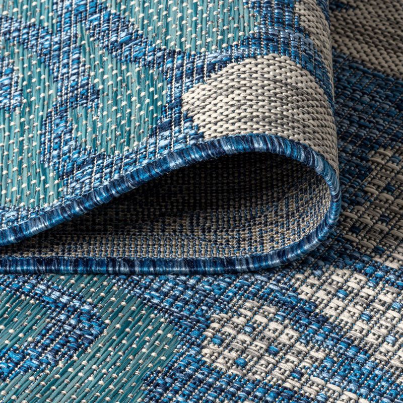 Hagy Modern Floral Textured Weave Navy/Aqua Indoor/Outdoor Rug, Round 9'