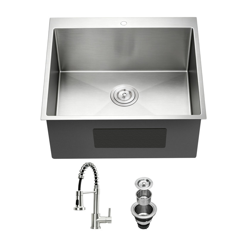 Évier de cuisine en acier inoxydable à simple cuve 25 po L, Argent, Calibre 16