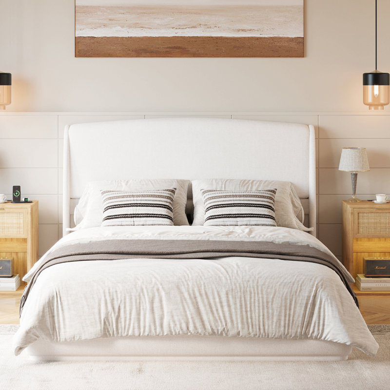 Upholstered Queen Bed Frame With Wingback Headboard, Low Profile Platform Bed With Padded Headboard, Beige