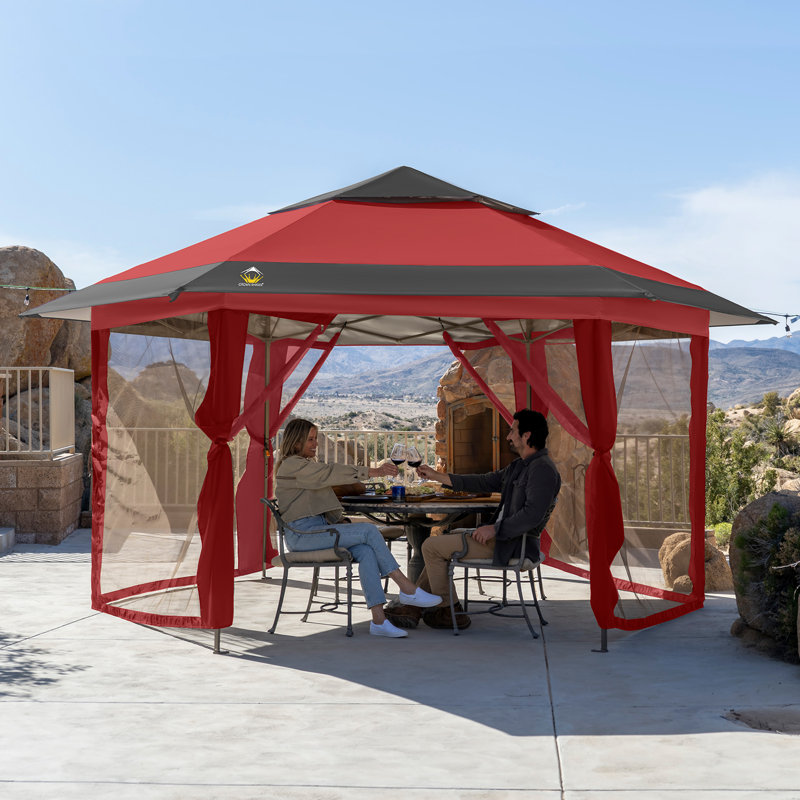 12 pi. L 12 pi. D Pavillon de jardin d'extérieur en métal avec moustiquaires, 12 x 12, Rouge et gris