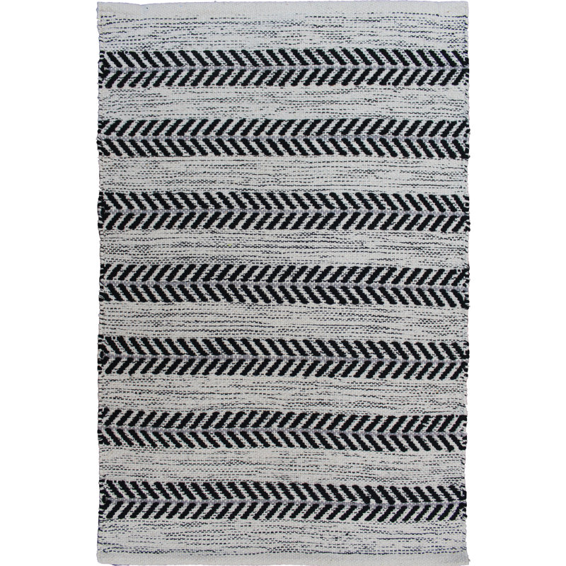Tapis noir rayé en coton Dhurrie fabriqué à la main Alodie, Rectangle 2 pi x 3 pi