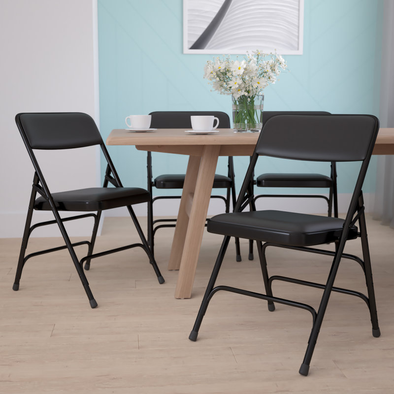 Curved Triple Braced & Double Hinged Upholstered Metal Folding Chair, Black