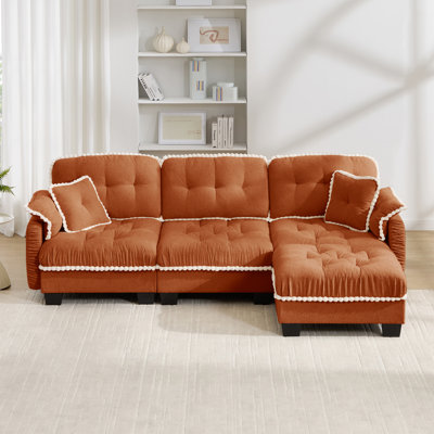 3 Seater Chenille Cloud Sofa With Lumbar Pillow, 1 Movable Ottoman, Quilted Tufted Cushion, Ergonomic Design