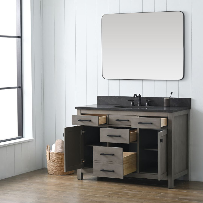Meuble-lavabo simple 48 po Ajiya, Gris texturé / noir mat, Calcaire bleu