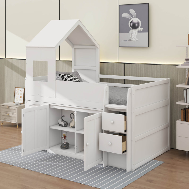 House-Themed Wooden Loft Bed With Pull Out Desk, Enclosed Cabinets, Multiple Drawers, Sturdy Playful Bedroom Bed, White