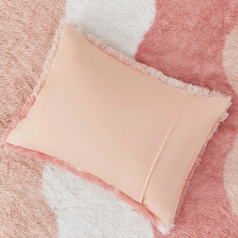 Literie en fausse fourrure à poil long double / grand ombre, rembourrage, motif ondulé ton sur ton, 2 taies décoratives, revers en microfibre, édredon lavable pour lit, rembourrage, rayé, dossier, machine