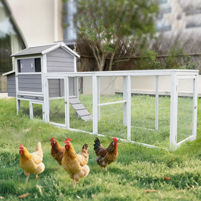 114" Wooden Chicken Coop With Run, Large Outdoor Hen House With Nesting Box for 2-6 Chickens, Outdoor Chicken Cage, Weatherproof Chicken Cage for Backyard Garden Outdoor Living, Natural（gray+white）
