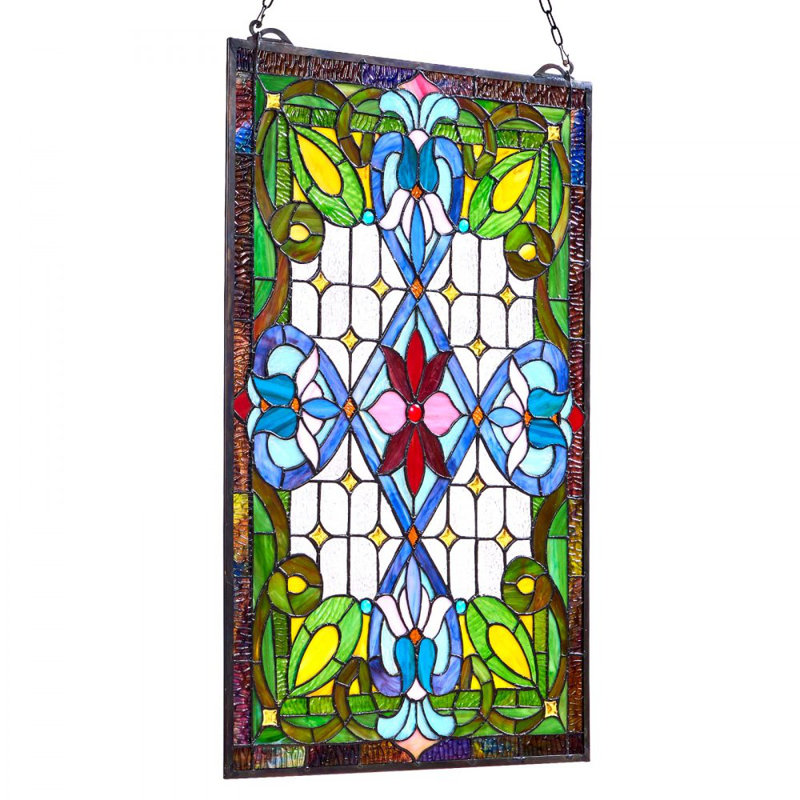 Panneau de vitrail suspendu de style vitrail avec chaîne 17 x 29 pouces Tiffany