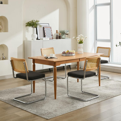 Ensemble de 2 chaises de salle à manger de style Mid-Century moderne, en lin noir, dossier en canne naturelle, base en acier inoxydable chromé