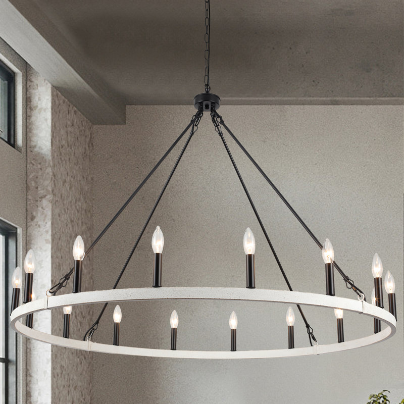 Moomal Candle Style Dimmable Wagon Wheel Chandelier, 16, Black/Distressed White