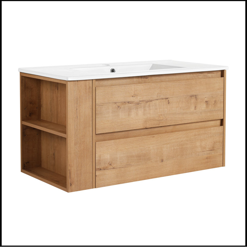36" Wall Mounting Bathroom Vanity With Ceramic Sink, Soft Close Drawer, Imitative Oak