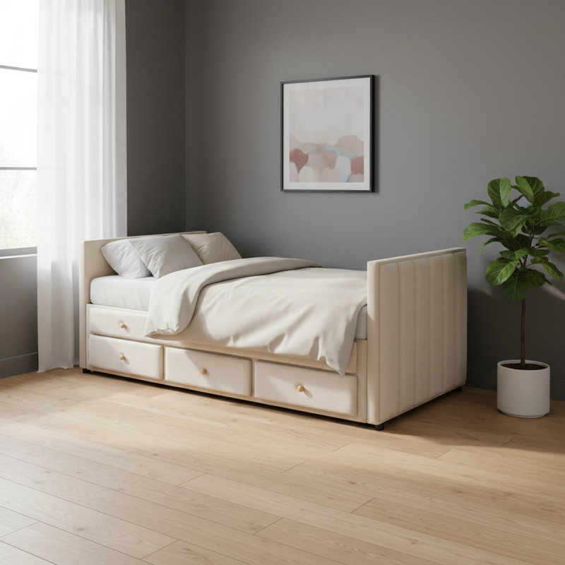 Lit de jour simple en velours capitonné beige avec lit gigogne et tiroirs