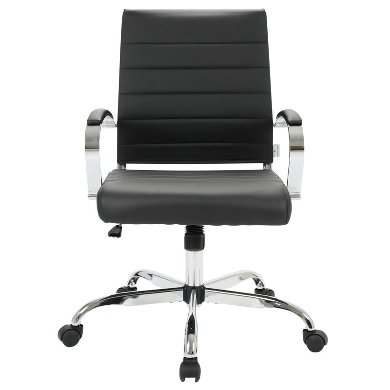 Mulkey Ribbed Faux Leather Mid-Back Office Chair, Mid Century Ergonomic Executive Desk Chair, Black