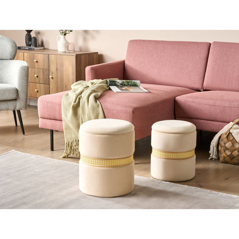 Amarjit 34cm Wide Velvet Round Pouf Ottoman with Storage, Beige