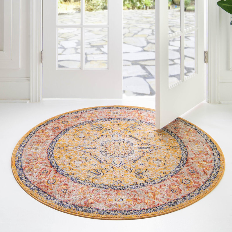 Alkire Oriental Area Rug, Round 3'11", Yellow